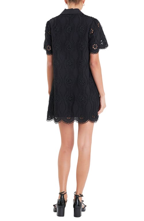 English Factory Embroidered Cotton Blend Mini Shirtdress In Black