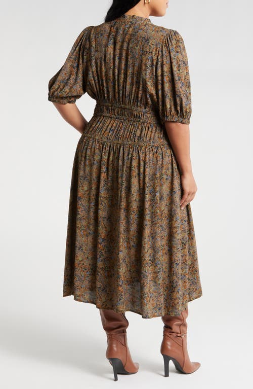 Shop Treasure & Bond Puff Sleeve Drop Waist Midi Dress In Olive- Blue Tawny Toile