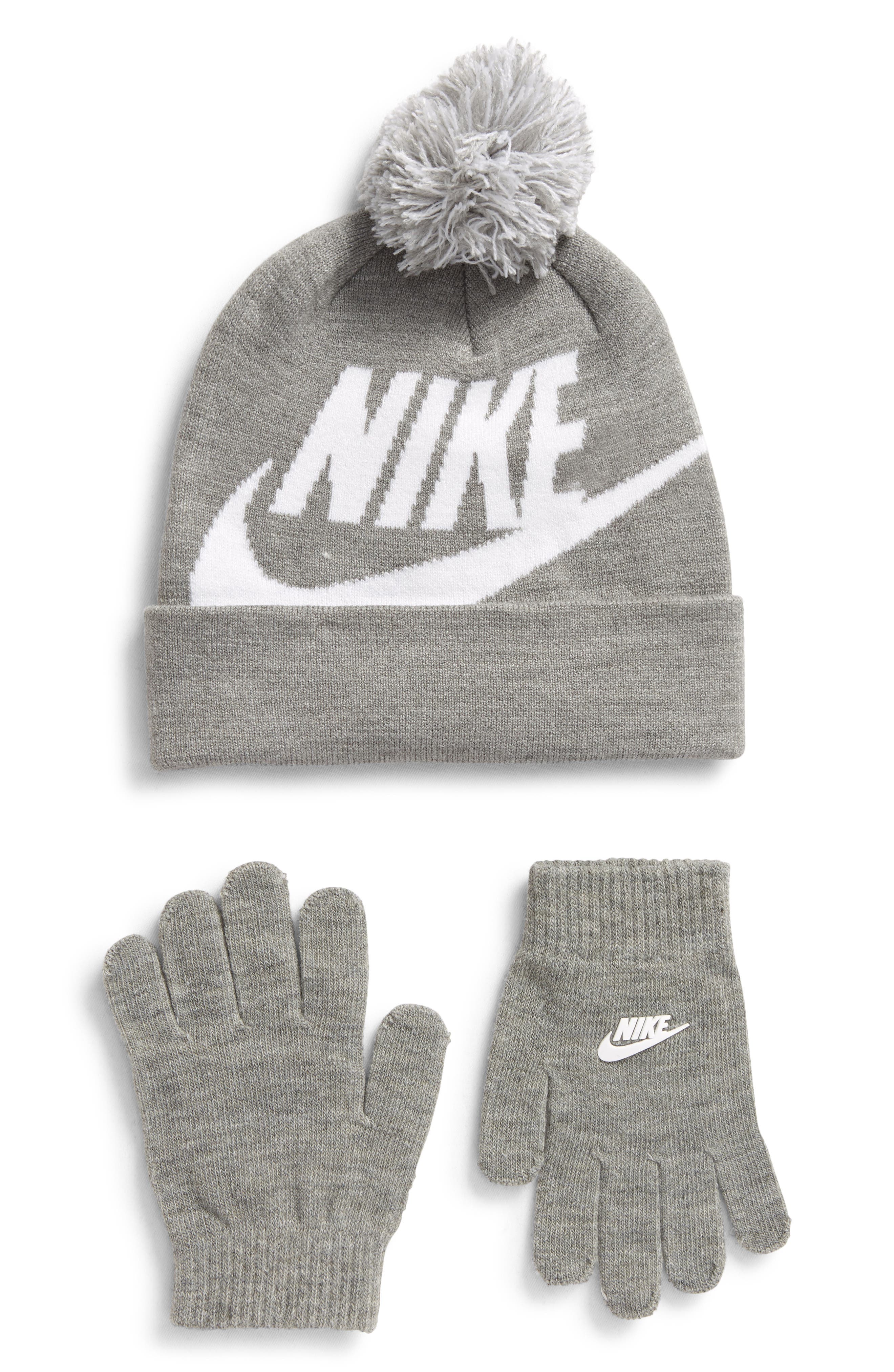Nike Kids' Swoosh Pom Beanie & Gloves Set In Grey