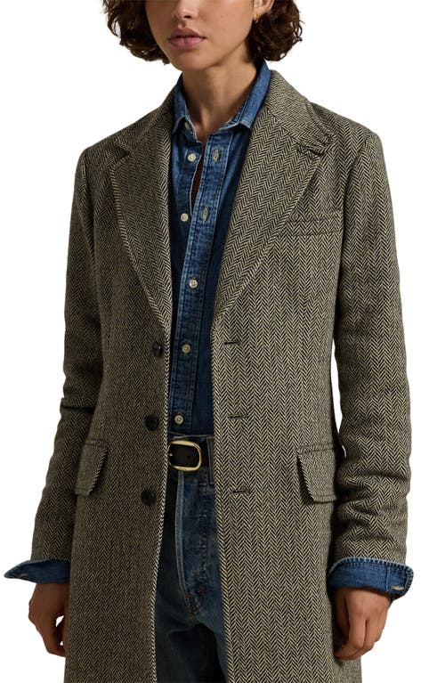 Polo Ralph Lauren Herringbone Single Breasted Suede Trim Wool Blend Coat In Black/cream Herringbone