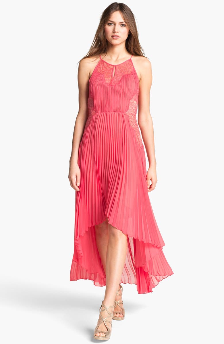 BCBGMAXAZRIA Pleated Lace & Chiffon High/Low Dress | Nordstrom