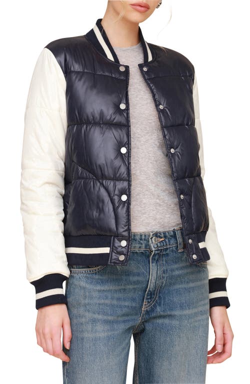 Shop Avec Les Filles Quilted Water Resistant Varsity Bomber Jacket In Navy-ivory