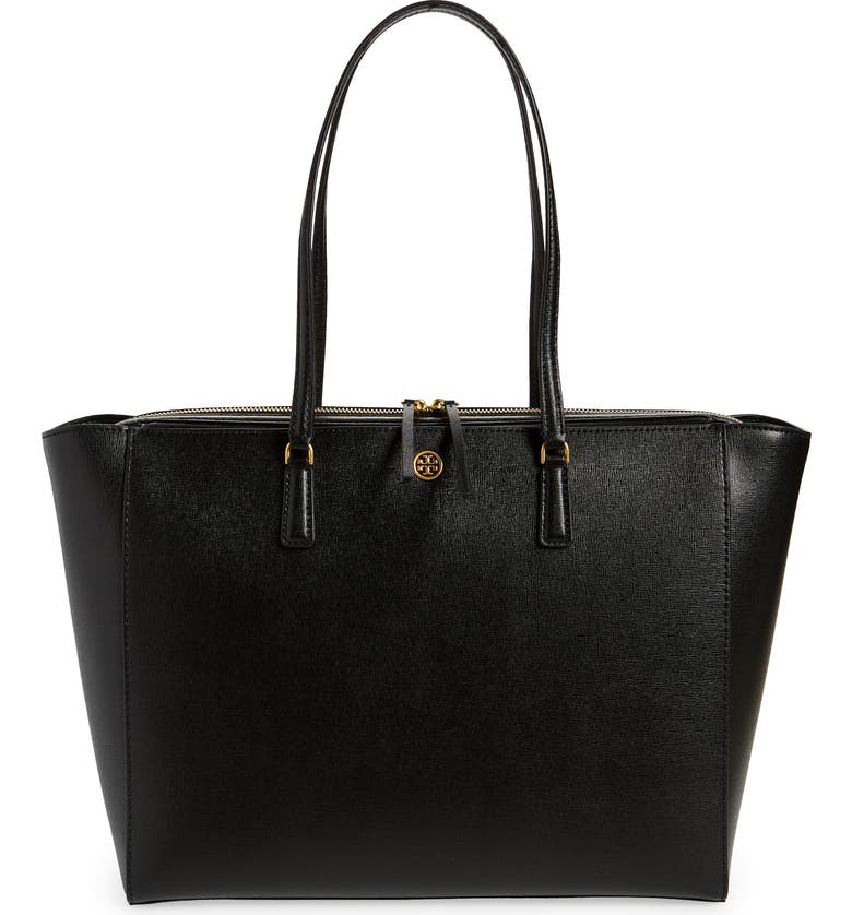 TORY BURCH Robinson Leather Tote, Main, color, BLACK