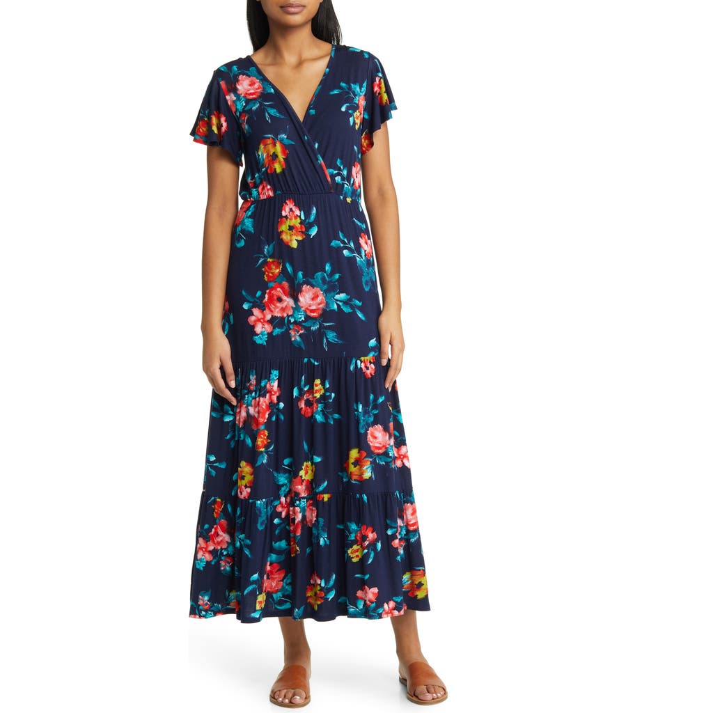 Loveappella Floral Tiered Faux Wrap Knit Maxi Dress In Navy/coral