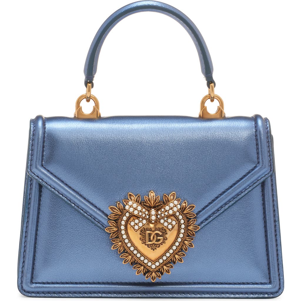 Dolce & Gabbana Devotion Mini Metallic Leather Top-handle Bag In 8h633 Blu Chiaro Laminato