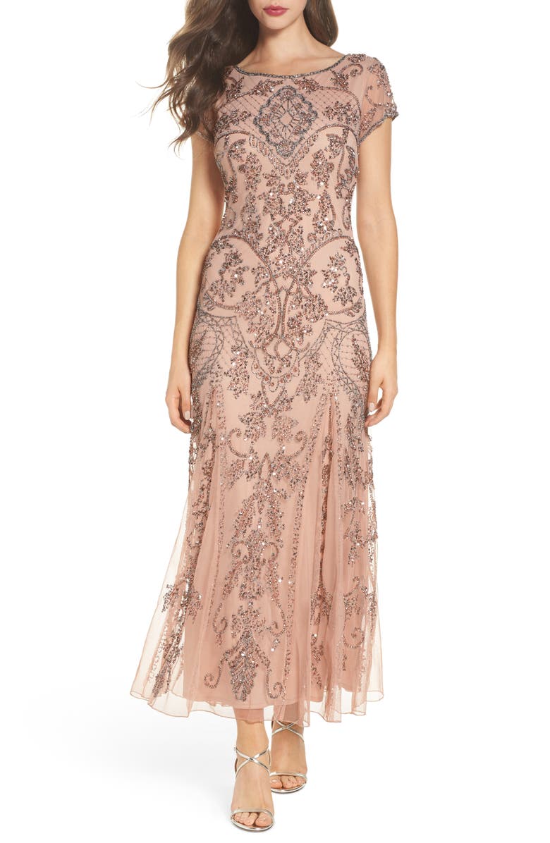 PISARRO NIGHTS Beaded Mesh Column Gown, Main, color, BLUSH