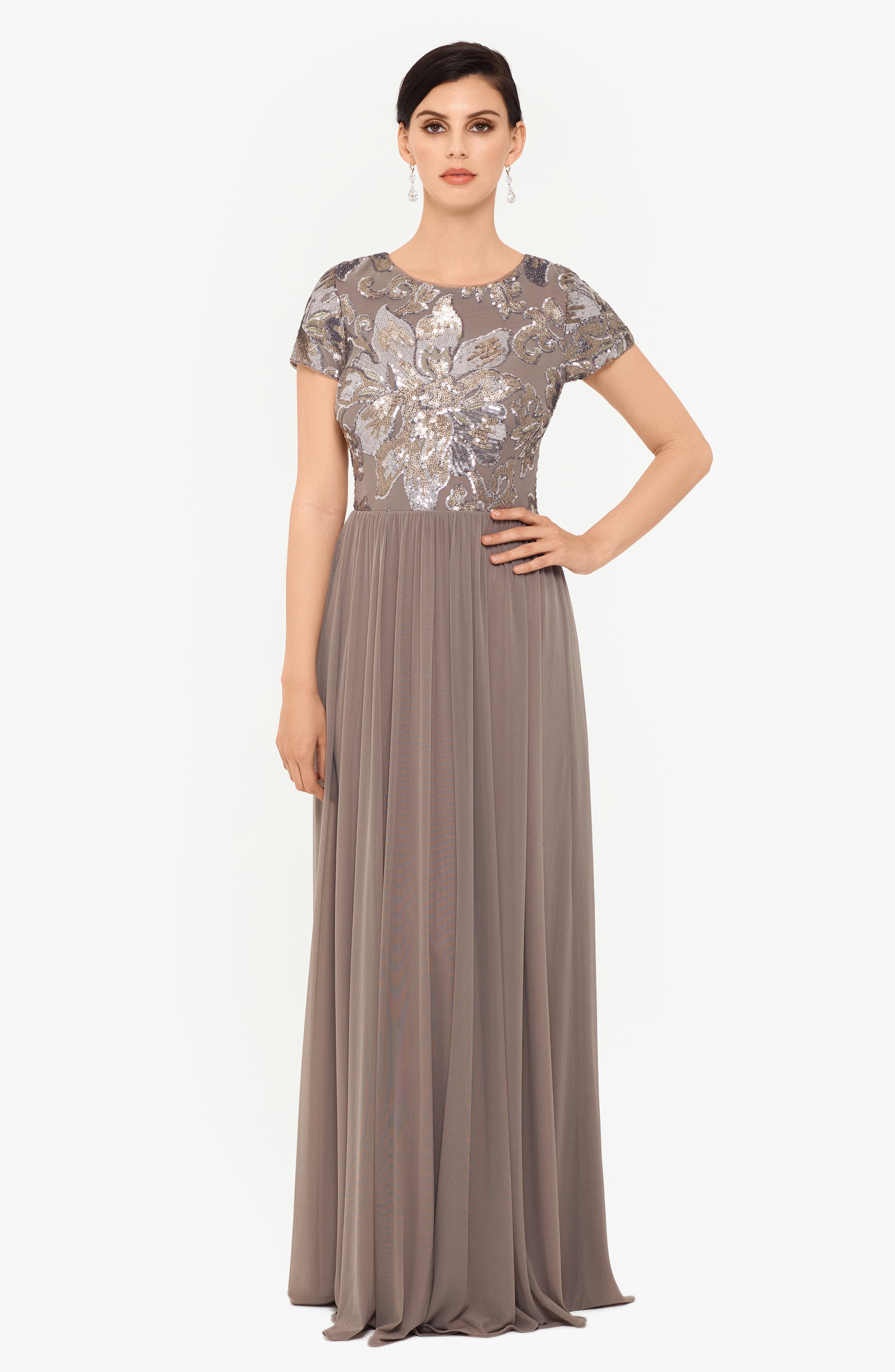 Betsy \u0026 Adam Sequin Mesh A-Line Gown 
