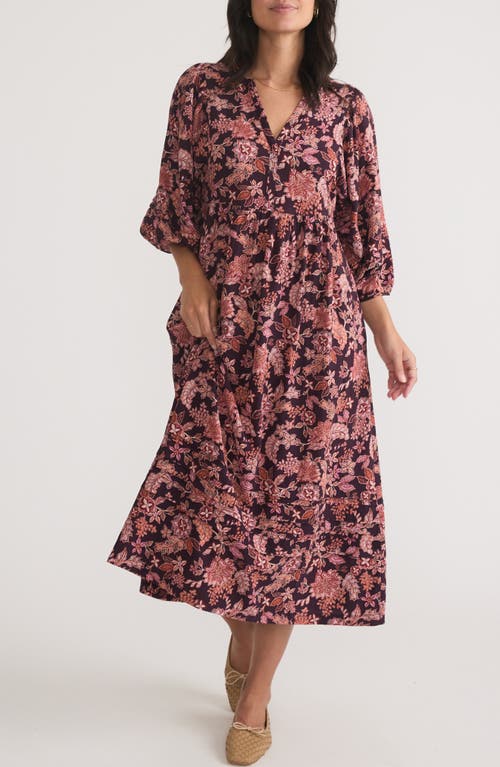 Shop Marine Layer Lola Floral Puff Sleeve Midi Dress In Warm Floral