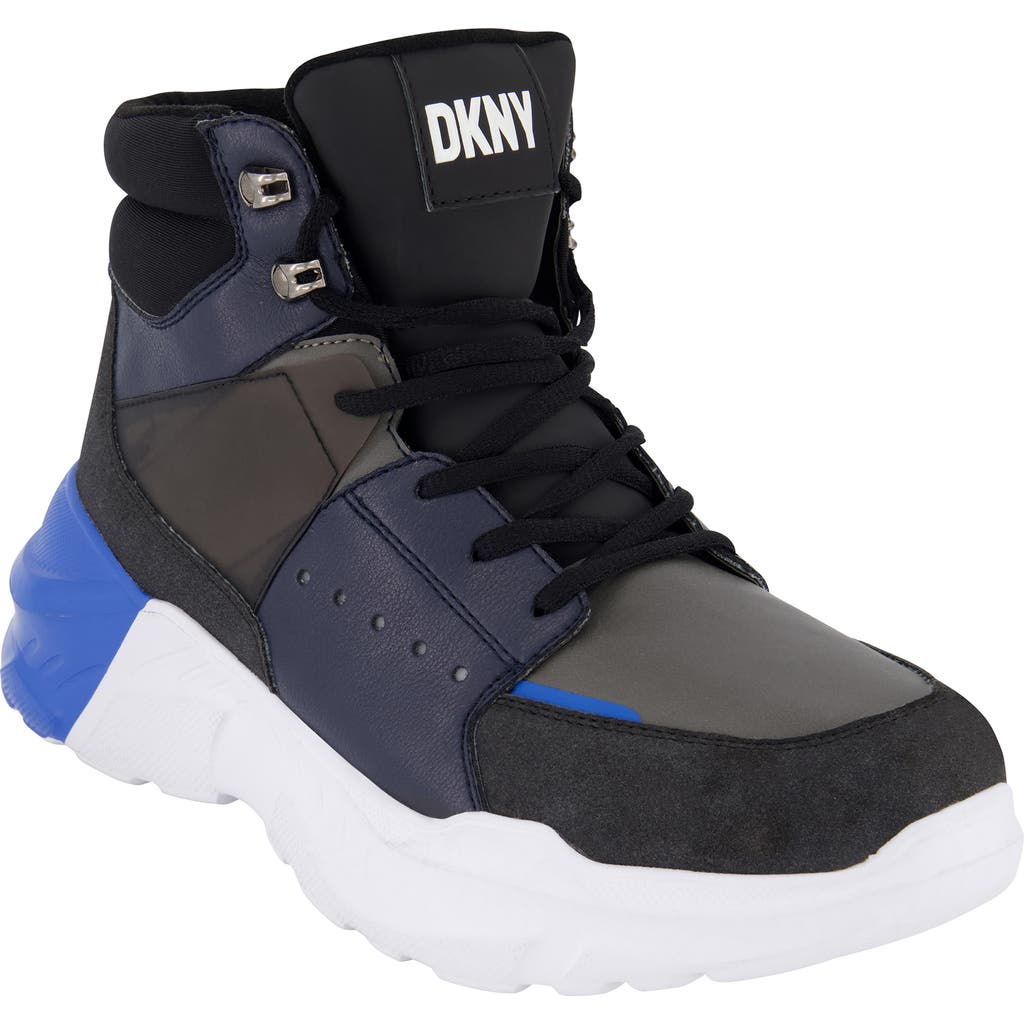 Dkny Men's Mixed Media Two Tone Lightweight Sole Hi Top Sneakers In Grey/blue