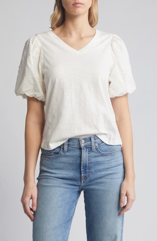 Embroidered Puff Sleeve V-Neck Top in White
