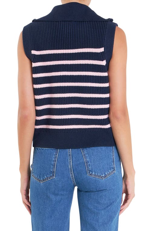 Shop English Factory Stripe Sleeveless Quarter Zip Sweater In Navy/pink