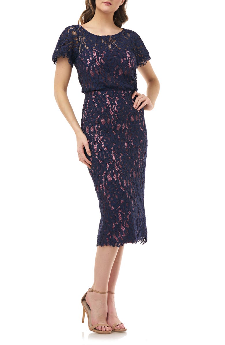 JS COLLECTIONS Embroidered Lace Blouson Cocktail Dress, Main, color, NAVY ROSE