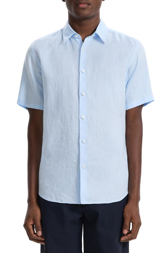 Shop Theory Irving Solid Short Sleeve Linen Button-up Shirt In Skylight
