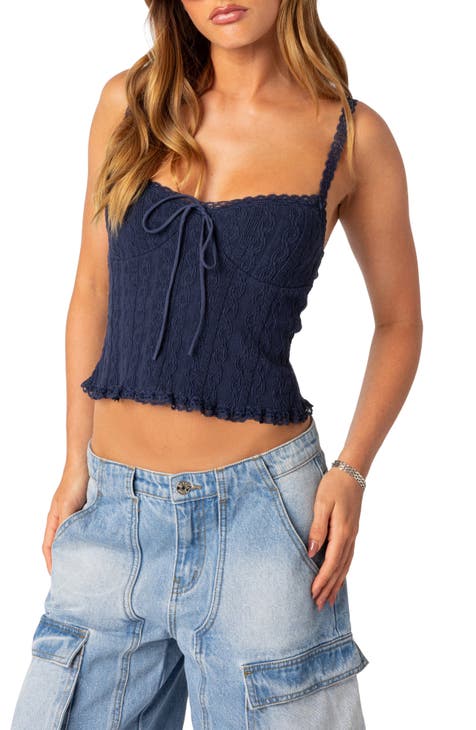 Edikted Cara Sheer Lace Tie Back Camisole in Blue