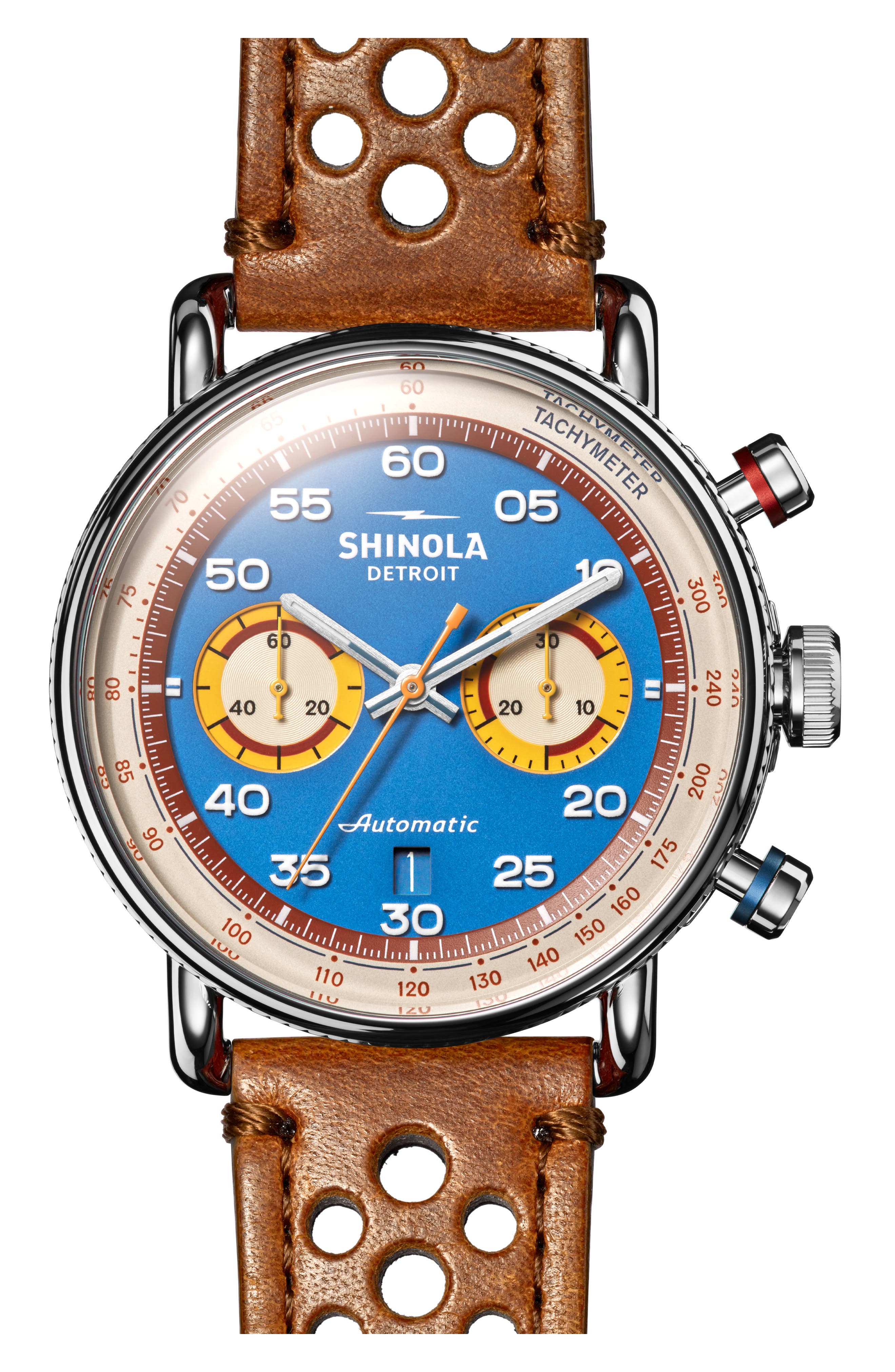 Shinola Lap 7 Canfield Speedway Chronograph Leather Strap Watch, 44mm in Horizon Blu 