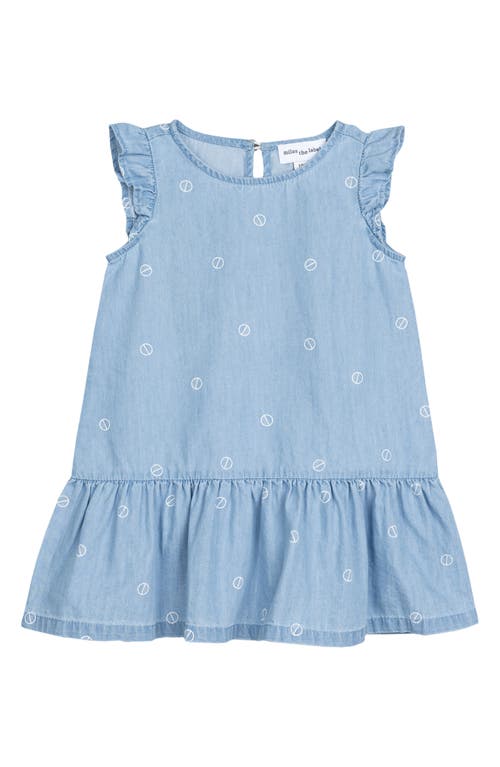 MILES THE LABEL Dot Print Ruffle Shoulder Organic Cotton Dress in Light Blue Denim