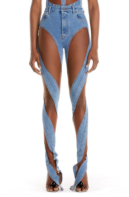 MUGLER Illusion Cutout Spiral Skinny Jeans in B6402 Medium Blue /Nude 02