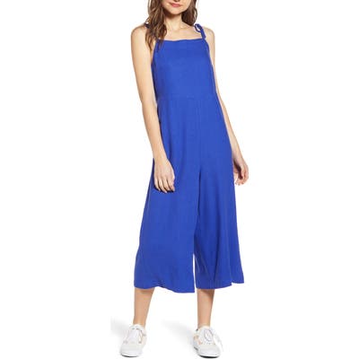 Bp. Square Neck Linen Blend Crop Wide Leg Jumpsuit, Blue