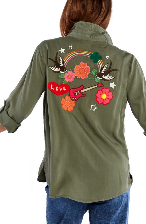 Billy T Birds Of A Feather Embroidered Denim Button-up Shirt In Soft Olive
