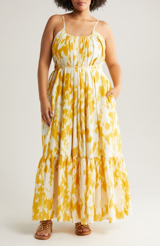 Shop Nordstrom Tie Back Tiered Maxi Dress In Ivory Dove- Yellow Lotus Blur