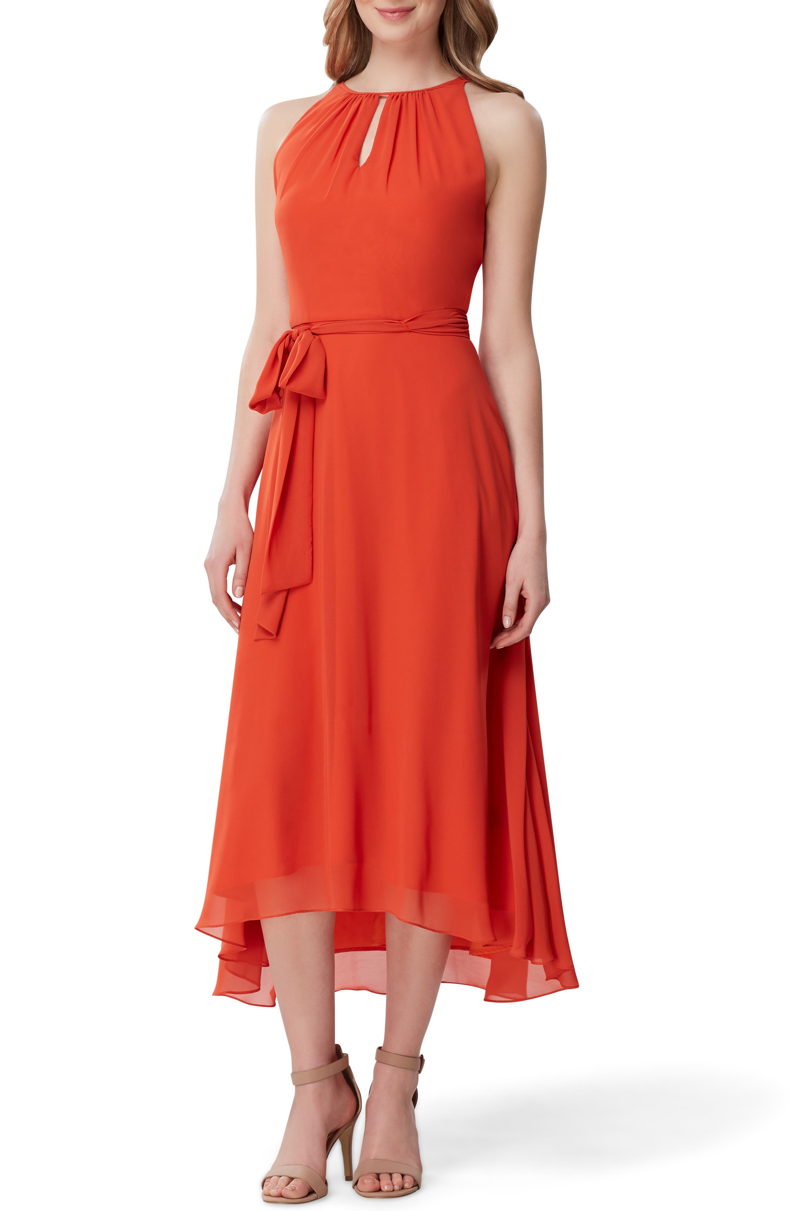 Petite Tahari Sleeveless Tie Waist Chiffon Midi Dress, Orange