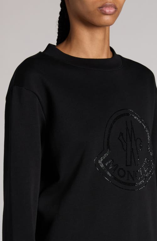 Shop Moncler Crystal Embellished Logo Cotton Blend Sweatshirt In Black