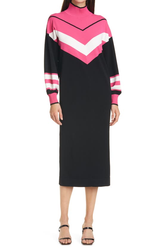 Click to view more detailed imagery on our partner's website Tanya Taylor Ivanna Long Sleeve Knit Dress In Black/ Pink/ White