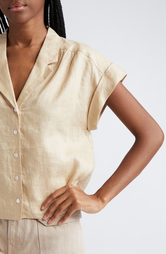 Shop Veronica Beard Kasa Linen Short Sleeve Button-up Shirt In Pebble Khaki