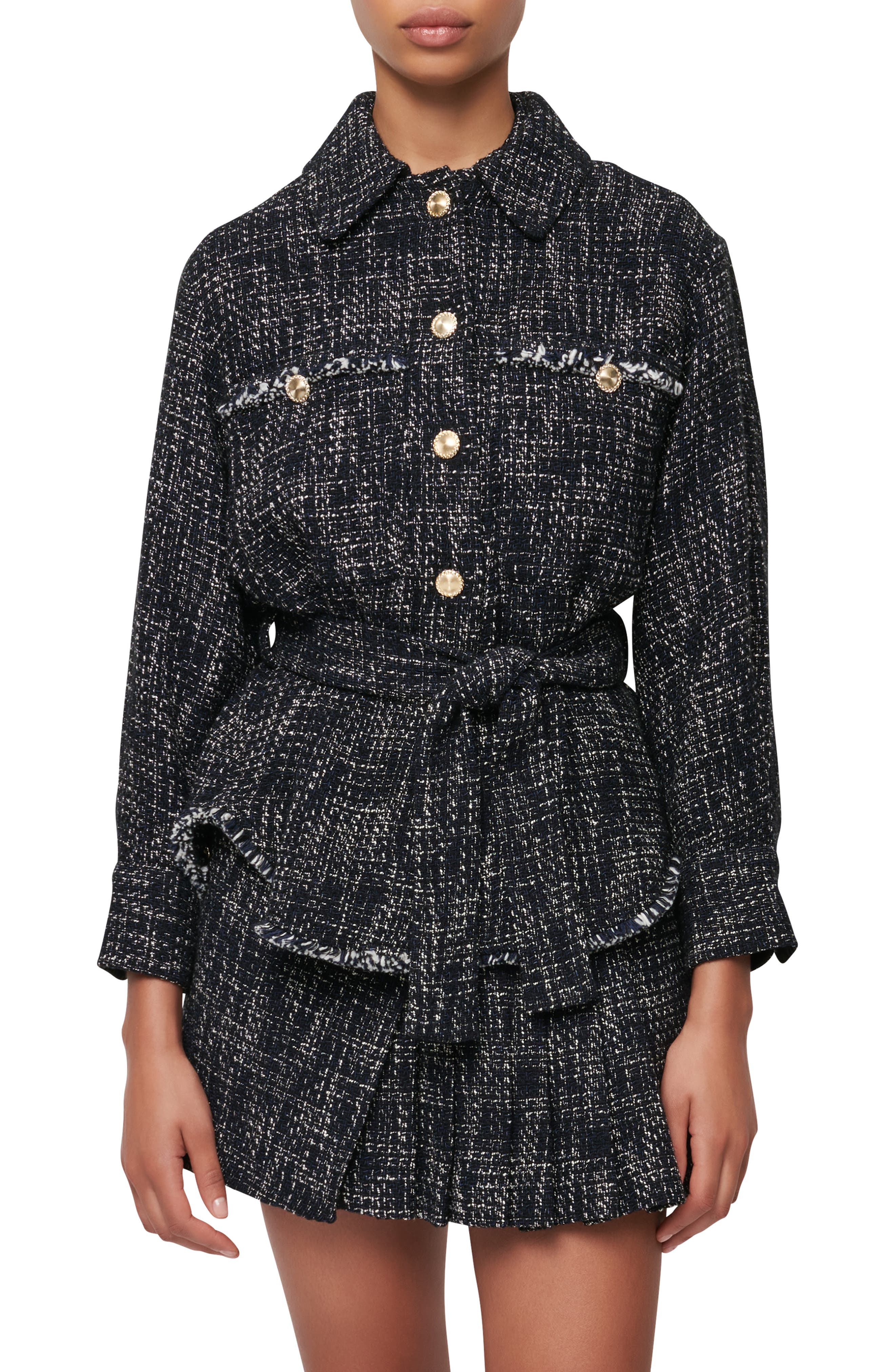 Women's Maje Bilaga Belted Cotton Blend Tweed Jacket | Smart Closet