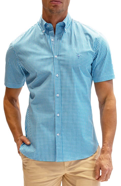 Gingham Short Sleeve Stretch Cotton Button-Down Shirt
