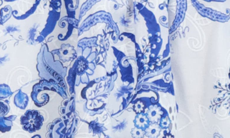 Shop Eliza J Floral Flutter Sleeve Fit & Flare Cotton Dress In Ivory Blue