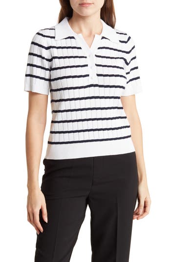 Shop Adrianna Papell Pointelle Short Sleeve Polo Sweater In White/blue Moon