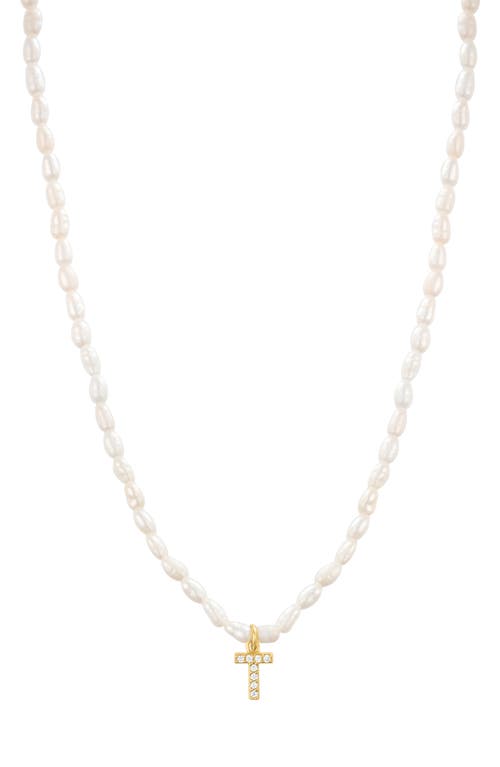 Initial Freshwater Pearl Beaded Necklace in White - T