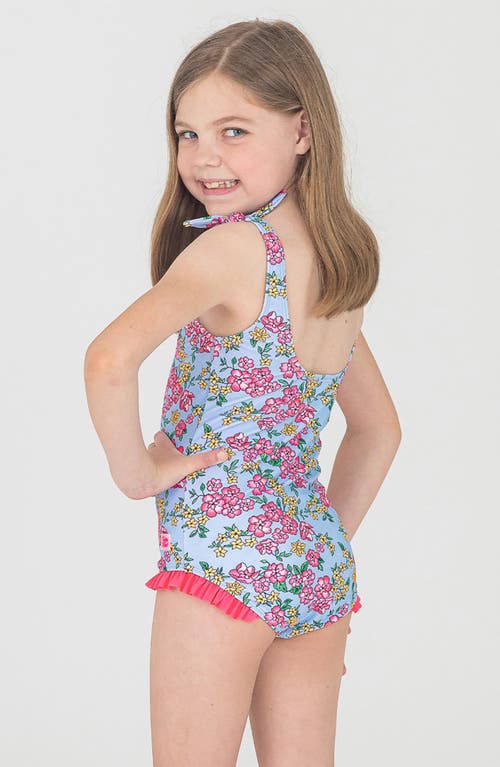 Shop Rufflebutts Kids' Cheerful Blossoms Tie Shoulder One-piece Swimsuit In Blue/pink Multi