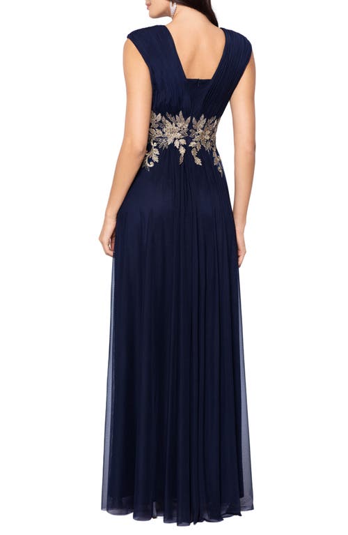 Betsy & Adam Petites Womens Full Length Embroidered Evening Dress In Navy/gold