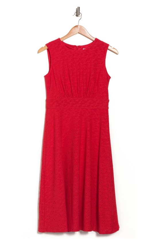 London Times Petite Eyelet Jersey Midi Fit & Flare Dress In Red | ModeSens