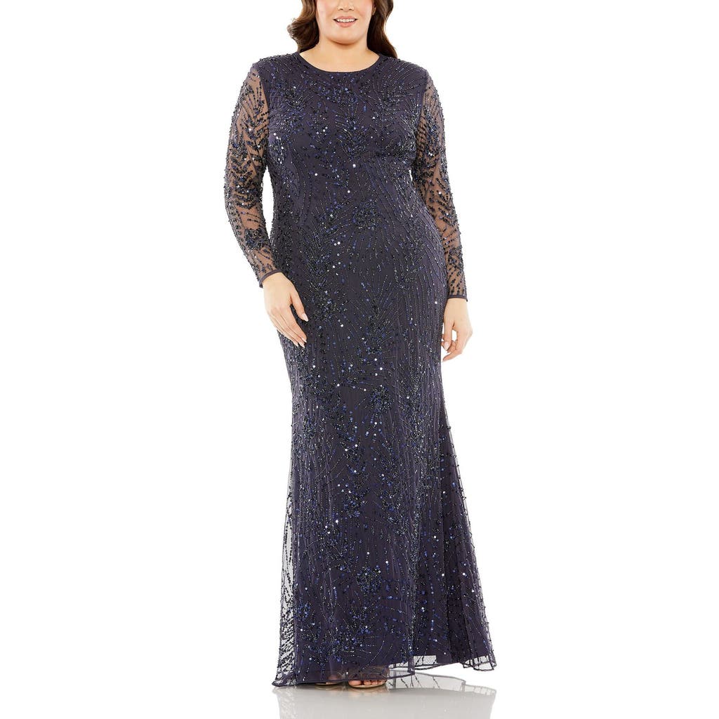 Mac Duggal Long Sleeve Mesh Embellished Gown In Blue