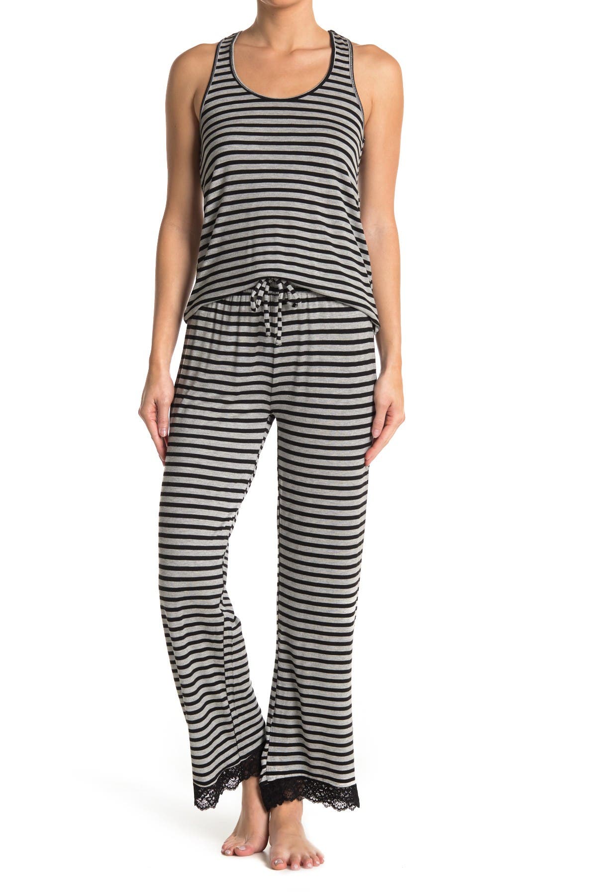 Honeydew Intimates Striped Lace Trim Tank & Pants 2-piece Pajama Set In Blackstripe