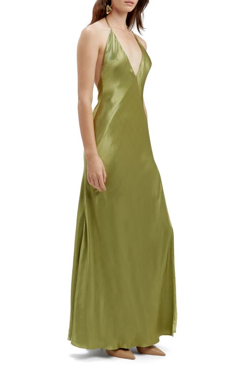 Bardot Yve Halter Open-back Front-slit Silky Maxi Dress In Khaki