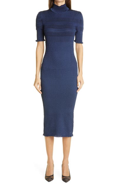 FENDI RUFFLE TRIM SMOCKED SILK BLEND BODY CON DRESS,FZD858-AD5U