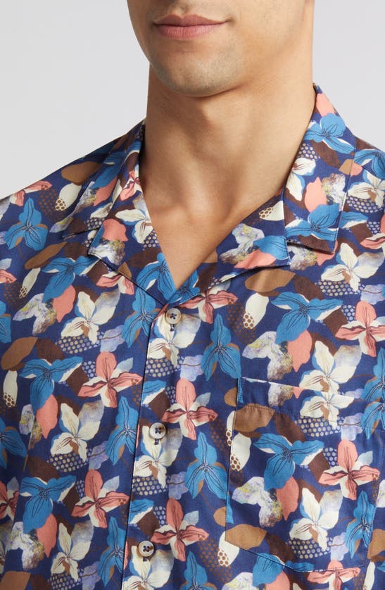 Shop Johnston & Murphy Abstract Floral Cotton And Modal Camp Shirt In Navy