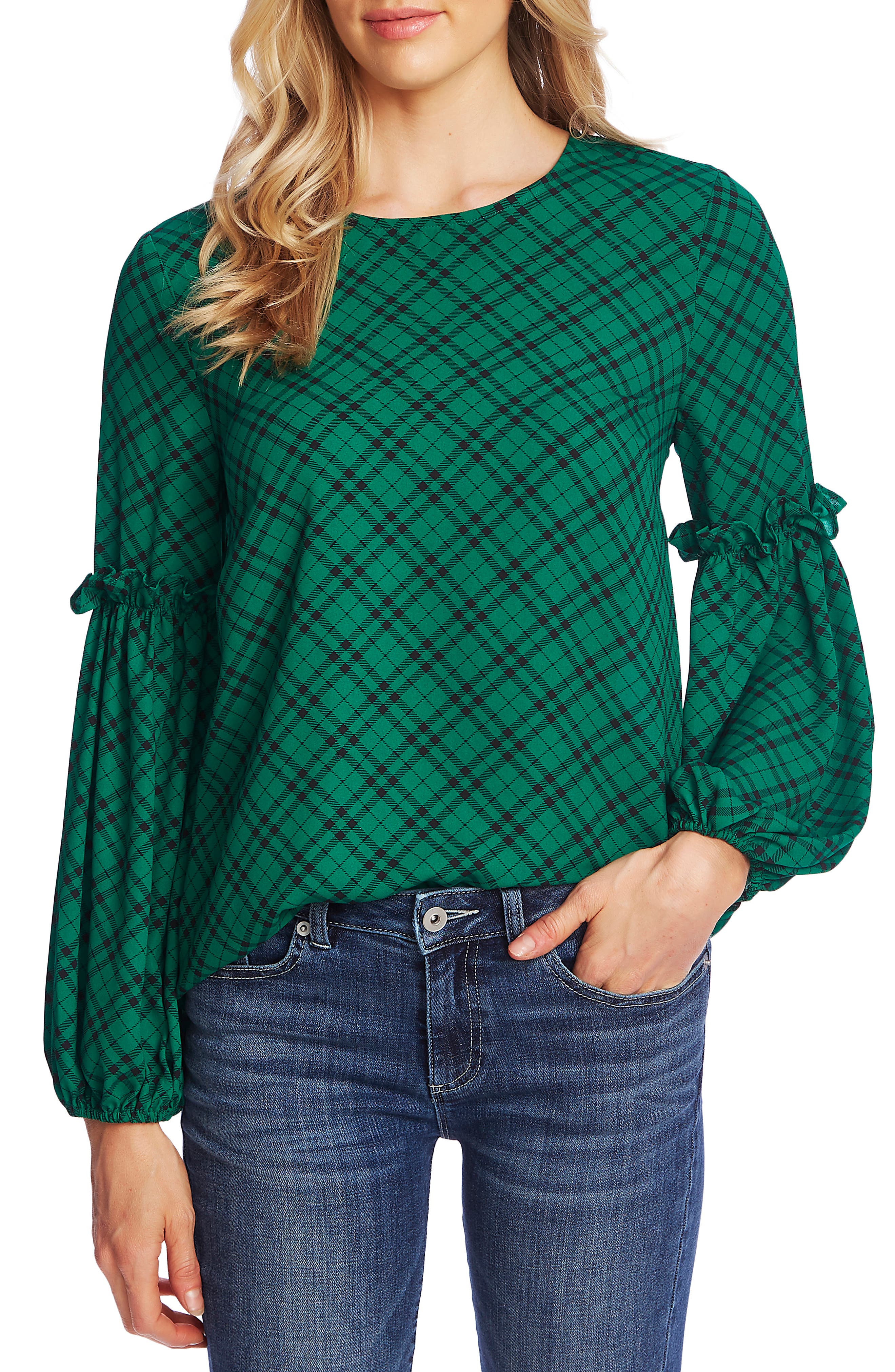 Ces Femme Plaid Notched Ruffled Cap Sleeve Blouse