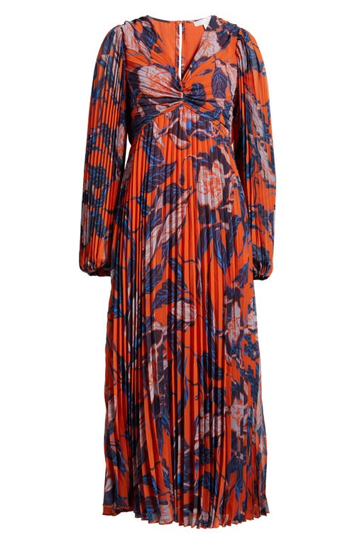 Shop Chelsea28 Floral Print Pleated Long Sleeve Dress In Rust- Blue Lana Floral