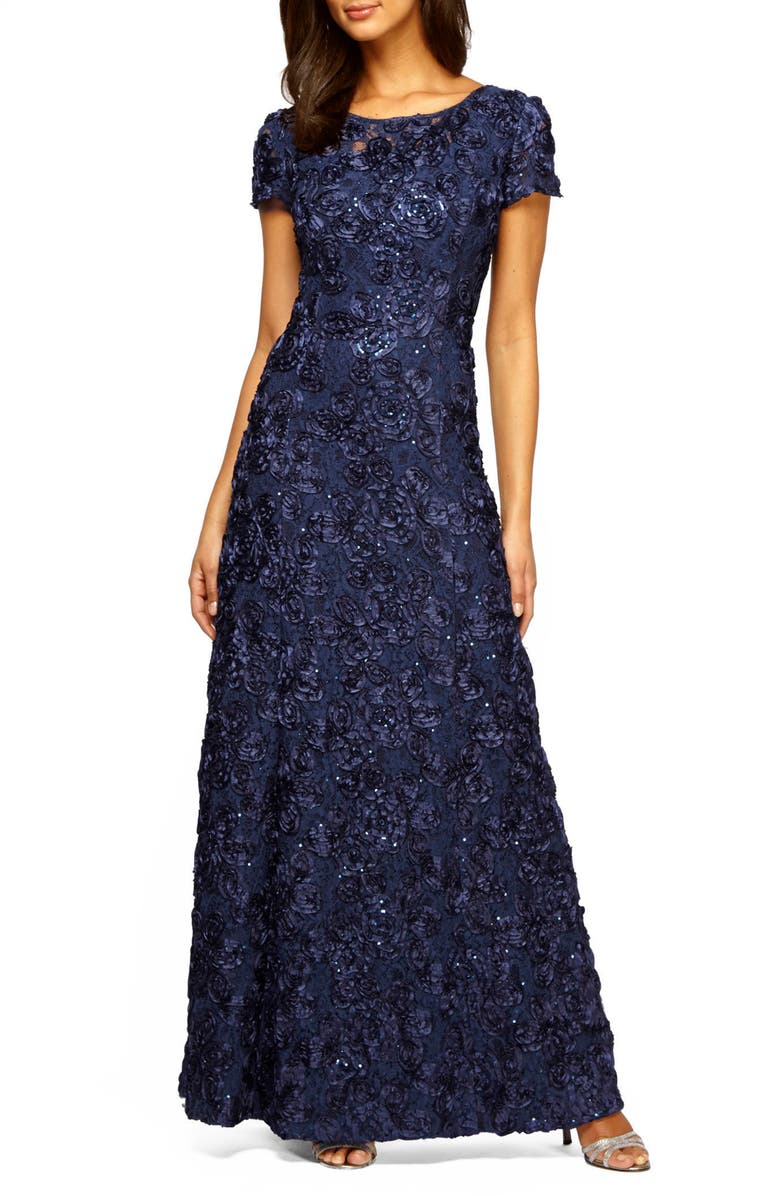 ALEX EVENINGS Embellished Lace A-Line Gown, Main, color, NAVY