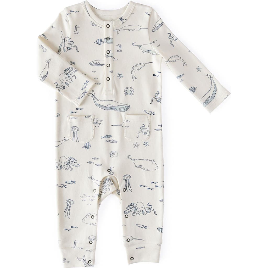 Pehr Kids'  Henley Patch Pocket Organic Cotton Romper In Blue/ivory