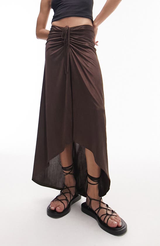 Topshop Textured Slinky Ruched Front Jersey Midi Skirt In Chocolate-brown In Brown