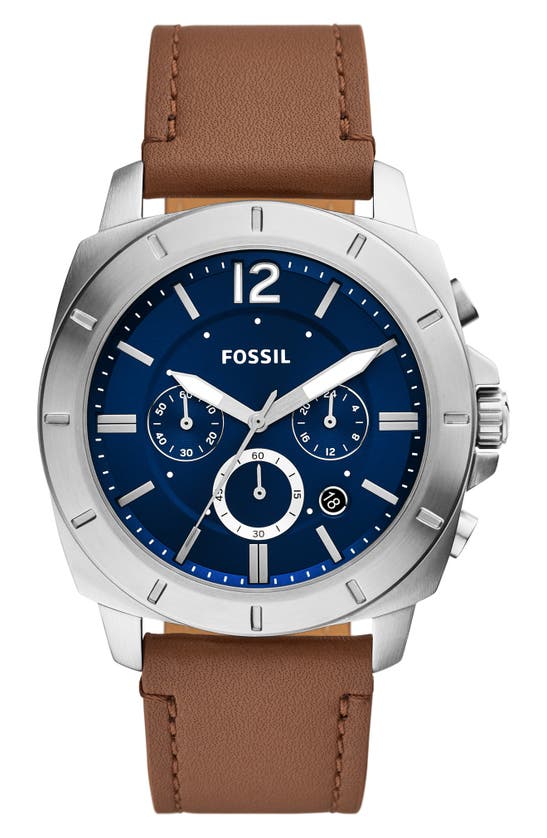 Fossil Privateer Chronograph Quartz Leather Strap Watch, 45mm In Silver