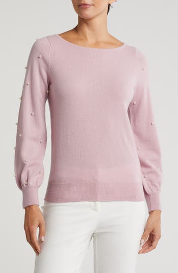 Sofia Cashmere Boat Neck Pearl Sleeve Cashmere Sweater In Light Pink