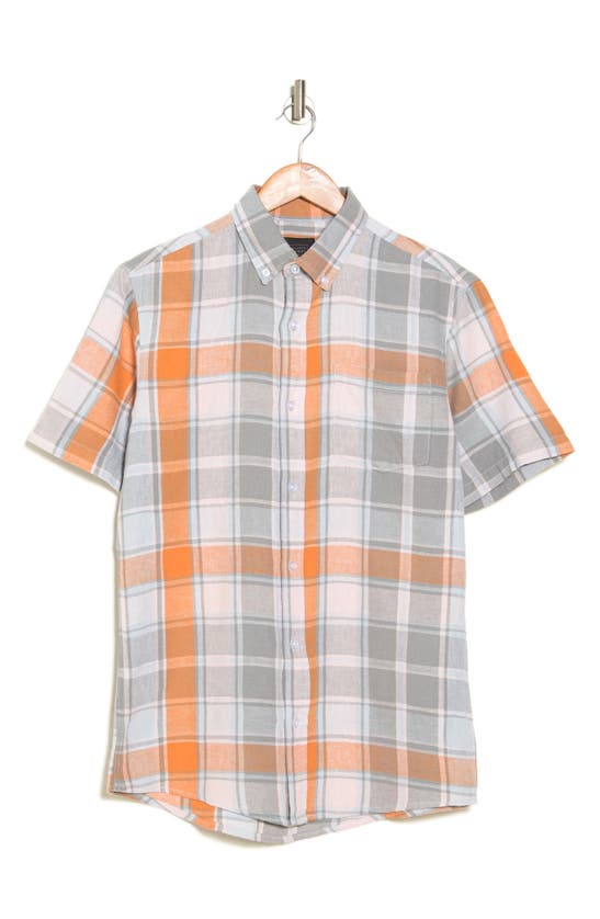 14th & Union Plaid Short Sleeve Linen & Cotton Blend Button-down Shirt In Grey- Orange Helsinki Plaid