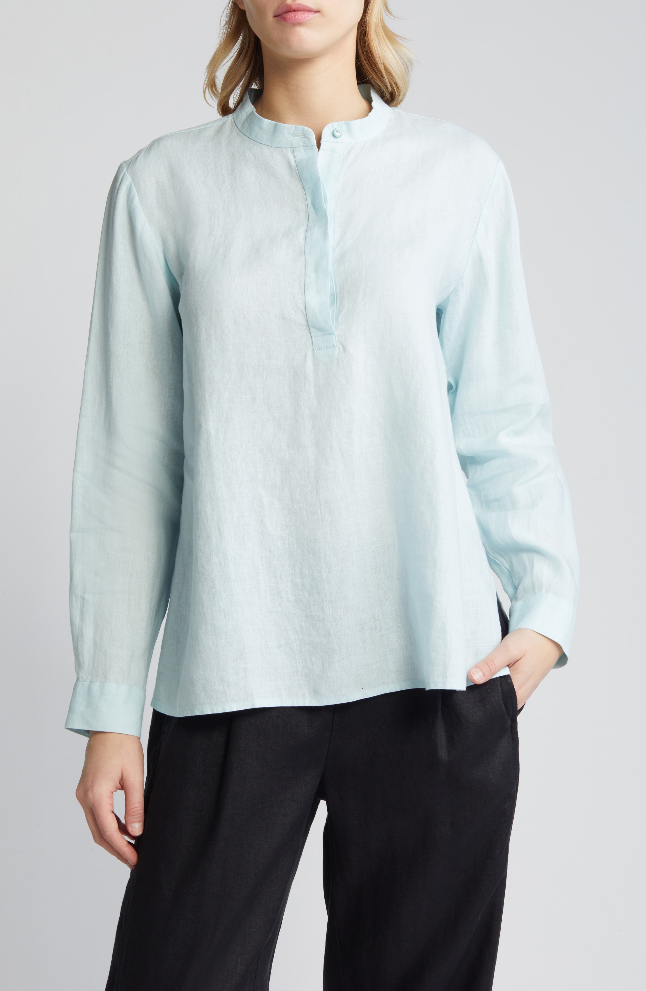 Eileen Fisher Mandarin Collar Organic Linen Popover Shirt | Nordstrom